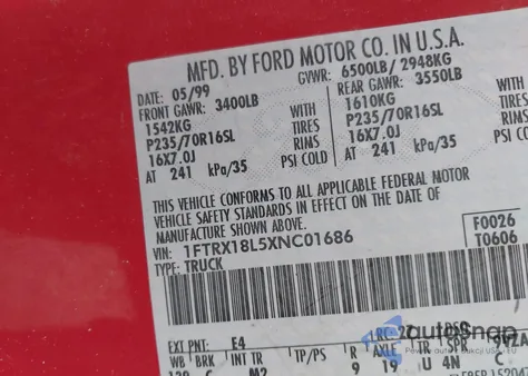 1999 Ford F-150 Lariat/Xl/Xlt from USA, damaged, VIN 1FTRX18L5XNC01686